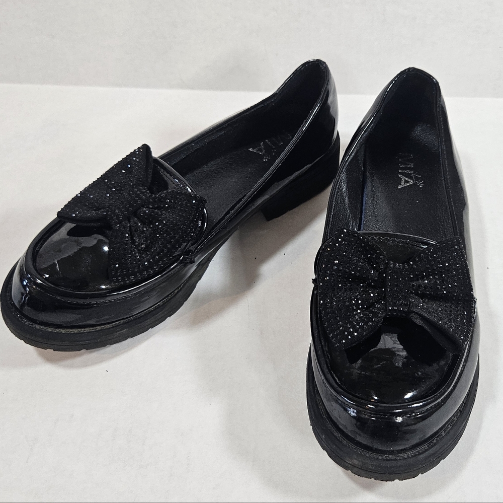 MIA Big Girls Studded Bow Loafer Flats Size 4 Black Dressy Wedding Dress Shoes